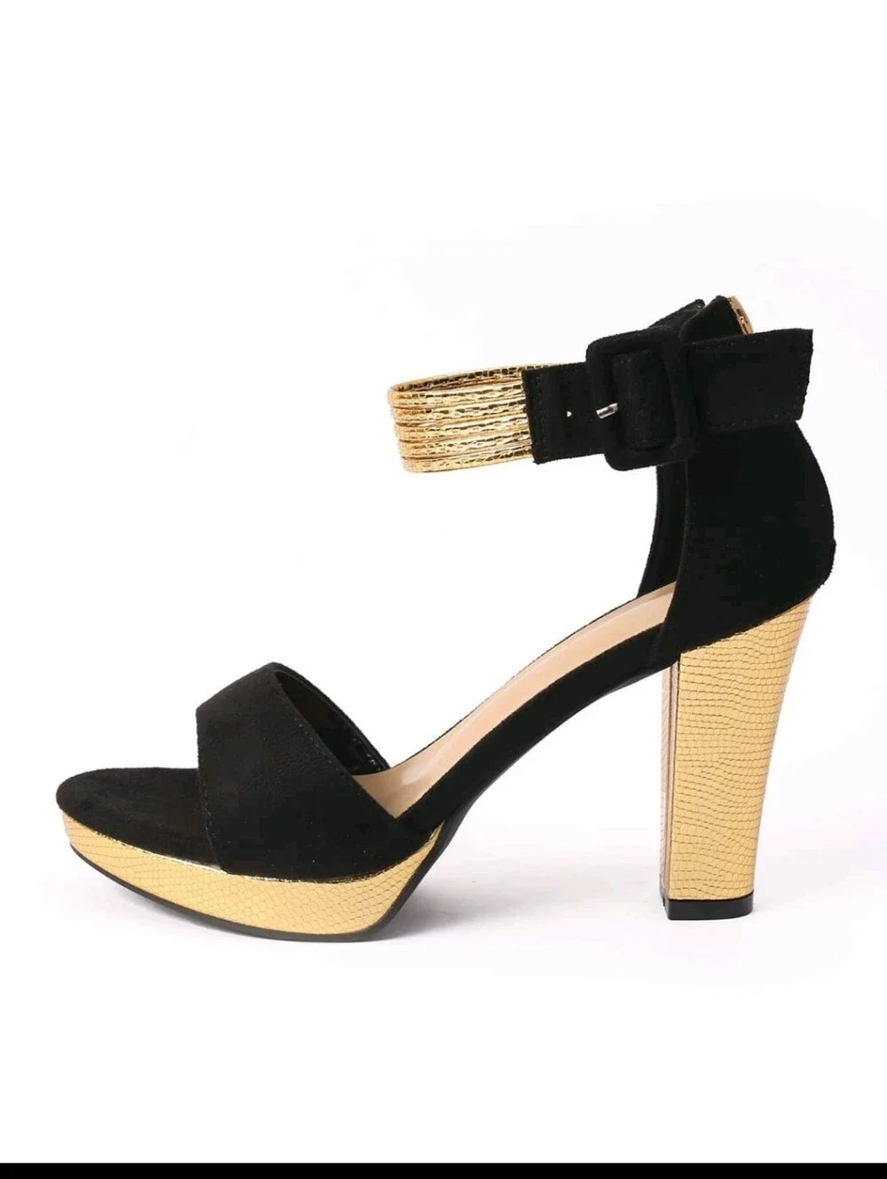 Black and Gold High Heel Ankle-Strap Sandals